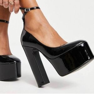 Black Patent Ankle Strap Platform MaryJane 7"chunk heels 9.5 brand new